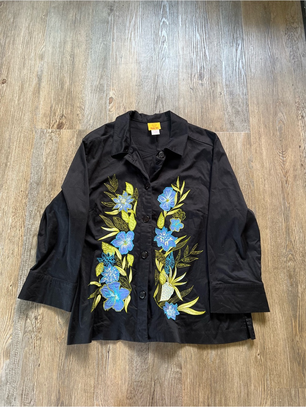 Ruby Rd Black Embroidered Floral Button-Up Jacket/blazer - Blue/Green Accents 14